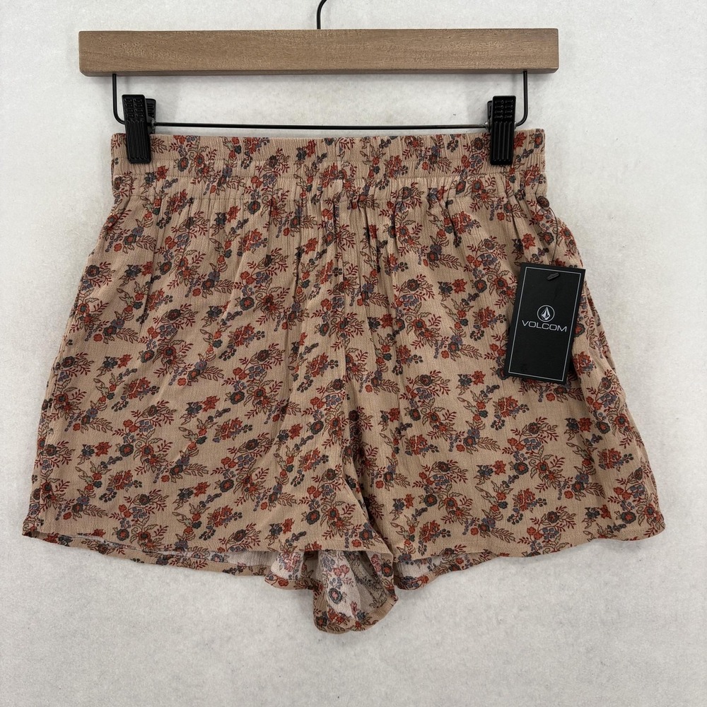 Volcom Paperbag Shorts Womens XS Beige Floral Viscose Elastic Waist Summer Beach